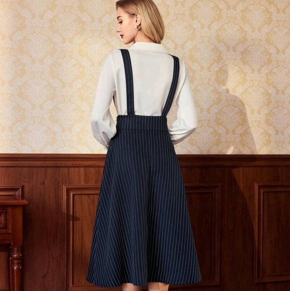 Retro Classic Elegant Women's Loose Overall Dress, Navy Blue Striped,Metal Butto - Picture 2 of 4